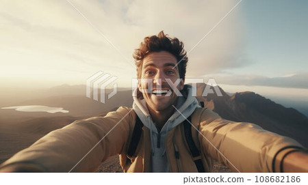 A joyful young man takes a selfie on the top of the mountain after a long hike to the top. 108682186