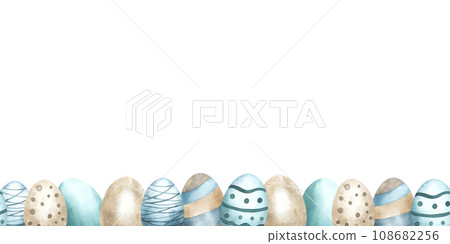 Color painted eggs seamless border. Watercolor illustration. Hand drawn Easter traditional painted eggs in tender colors. Easter festive seamless border. White background isolated 108682256