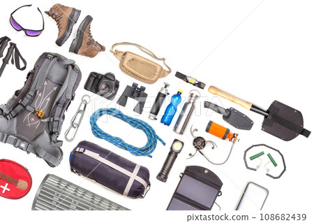 Set of tourist trekking items on white background Set of tourist trekking items on white background 108682439