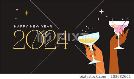 Happy New Year, poster, banner and card design with festive cocktails 108682661