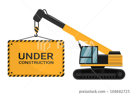 Advertising poster under construction loaded by a heavy crane caterpillar machinery 108682725