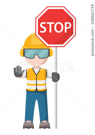 Person design with his personal protection equipment with industrial safety stop icon 108682739