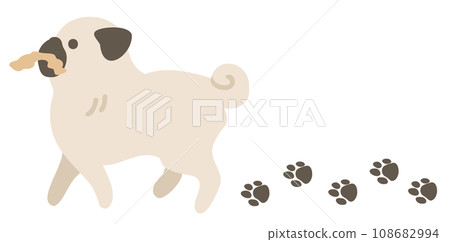 哈巴狗拿著玩具和腳印的插圖 哈巴狗拿著玩具和腳印的插圖 108682994