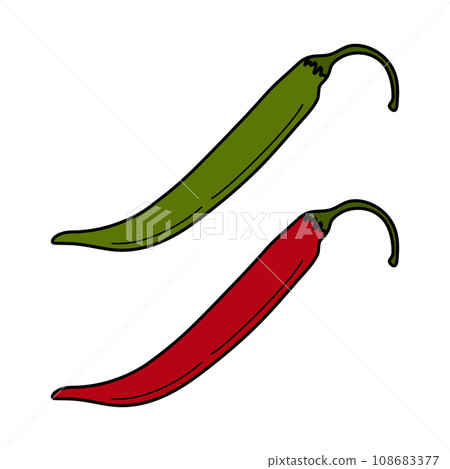 2 chili peppers pod in bright trendy colors red and green. Traditional Mexican condiments and spices 108683377