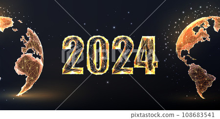Abstract 2024 New Year digital web banner template. Futuristic greeting card on dark blue background 108683541
