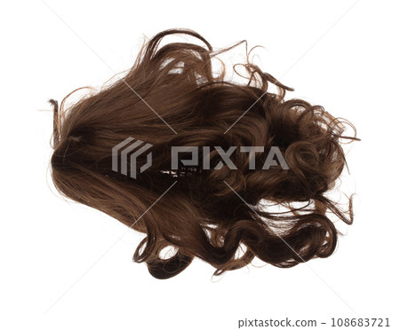 Wind blow Long wavy curl Wig hair style fly fall. Brown woman wig hair float in mid air. Curly wavy brown wig hair wind blow cloud throw. White background isolated detail motion Wind blow Long wavy curl Wig hair style fly fall. Brown woman wig hair float in mid air. Curly wavy brown wig hair wind blow cloud throw. White background isolated detail motion 108683721