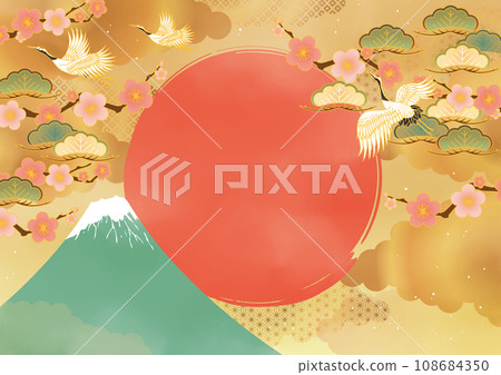 新年的日本圖案背景富士山、李子和起重機 新年的日本圖案背景富士山、李子和起重機 108684350