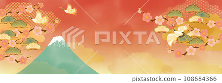 New Year Japanese pattern background Mt. Fuji, plum, pine and crane 108684366