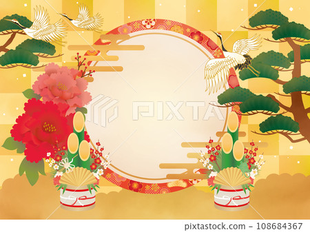 新年日本圖案背景金屏風、門松和起重機 新年日本圖案背景金屏風、門松和起重機 108684367