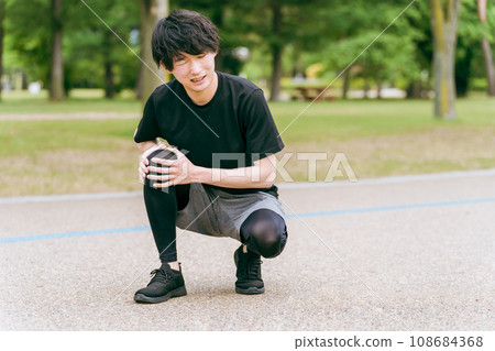 A man who injured his knee during exercise/training (knee pain, rehabilitation, sequelae, locomotive syndrome) 108684368