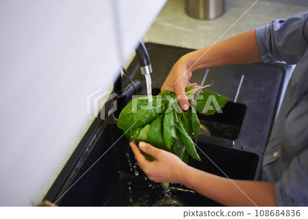 Overhead view of woman's hands washing fresh organic spinach leaves under flowing water in the kitchen sink. Overhead view of woman's hands washing fresh organic spinach leaves under flowing water in the kitchen sink. 108684836