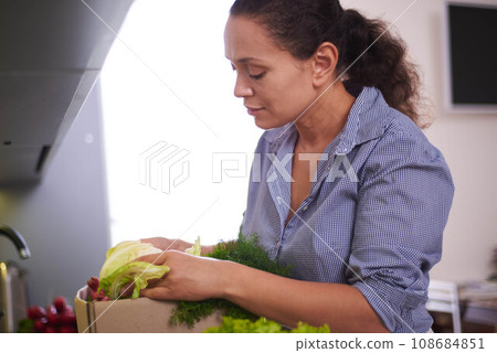 Close-up woman checking her online order list. Cardboard box with fresh vegetables and fruits standing by kitchen table Close-up woman checking her online order list. Cardboard box with fresh vegetables and fruits standing by kitchen table 108684851