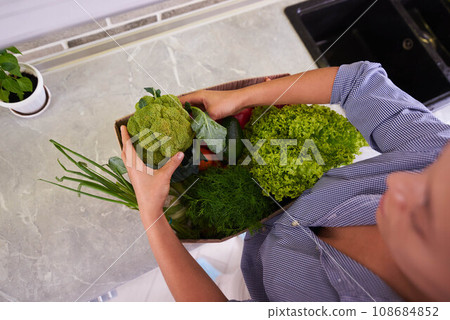 View from above of woman unpacking vegetables, standing by kitchen counter. Healthy eating. Dieting and slimming concept View from above of woman unpacking vegetables, standing by kitchen counter. Healthy eating. Dieting and slimming concept 108684852