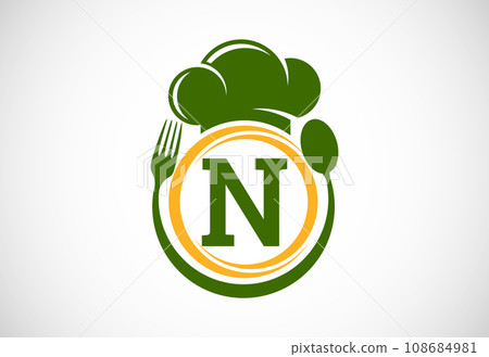 Initial alphabet with chef hat, spoon and fork. Modern vector logo for cafe, restaurant, cooking business, and company identity Initial alphabet with chef hat, spoon and fork. Modern vector logo for cafe, restaurant, cooking business, and company identity 108684981