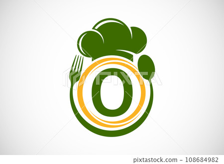 Initial alphabet with chef hat, spoon and fork. Modern vector logo for cafe, restaurant, cooking business, and company identity Initial alphabet with chef hat, spoon and fork. Modern vector logo for cafe, restaurant, cooking business, and company identity 108684982