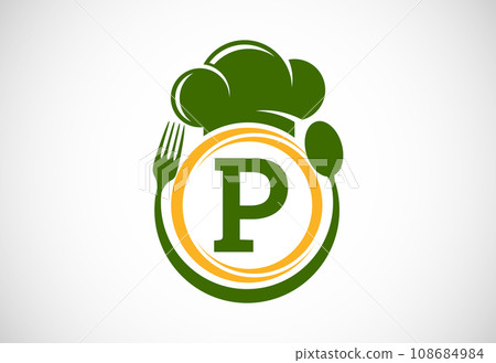 Initial alphabet with chef hat, spoon and fork. Modern vector logo for cafe, restaurant, cooking business, and company identity Initial alphabet with chef hat, spoon and fork. Modern vector logo for cafe, restaurant, cooking business, and company identity 108684984