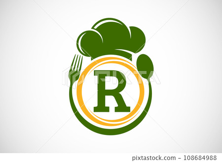 Initial alphabet with chef hat, spoon and fork. Modern vector logo for cafe, restaurant, cooking business, and company identity Initial alphabet with chef hat, spoon and fork. Modern vector logo for cafe, restaurant, cooking business, and company identity 108684988