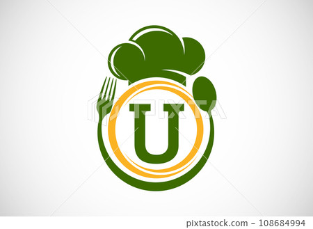 Initial alphabet with chef hat, spoon and fork. Modern vector logo for cafe, restaurant, cooking business, and company identity Initial alphabet with chef hat, spoon and fork. Modern vector logo for cafe, restaurant, cooking business, and company identity 108684994