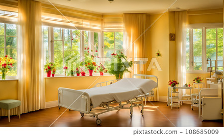 A modern room with a nursing bed and sunlight filtering through the trees A modern room with a nursing bed and sunlight filtering through the trees 108685009