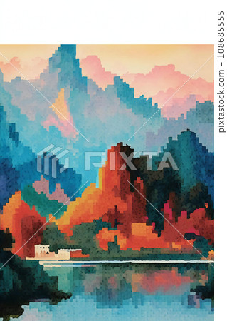 Pixel style lakeside scenery Pixel style lakeside scenery 108685555