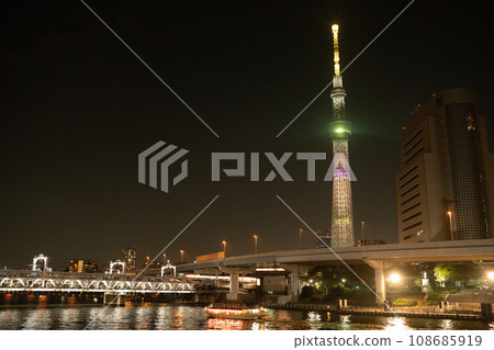 Be healed by the night view of the Sky Tree and Sumida River with Chikawa character writing Be healed by the night view of the Sky Tree and Sumida River with Chikawa character writing 108685919