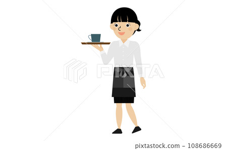 Full body of a young Japanese waitress with dark hair carrying coffee Full body of a young Japanese waitress with dark hair carrying coffee 108686669