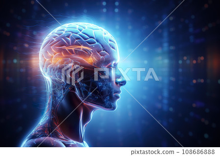 Human head and brain. Futuristic technology background. Generative AI. Human head and brain. Futuristic technology background. Generative AI. 108686888