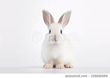 White rabbit sitting on white background. Generative AI. 108686889