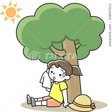 一個女孩在樹蔭下休息，避免陽光直射 108687023