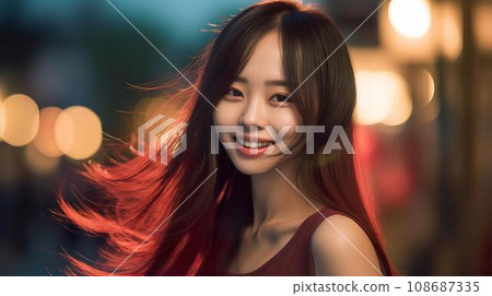 Young flashy Asian woman walking in the city at night, delinquent, nightlife, dancer 108687335