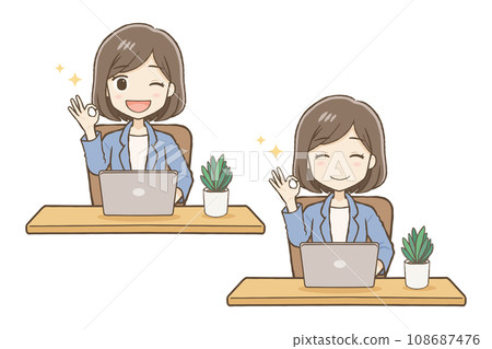 穿著西裝的女人在電腦前做出「OK」手勢,兩種表情 穿著西裝的女人在電腦前做出「OK」手勢,兩種表情 108687476