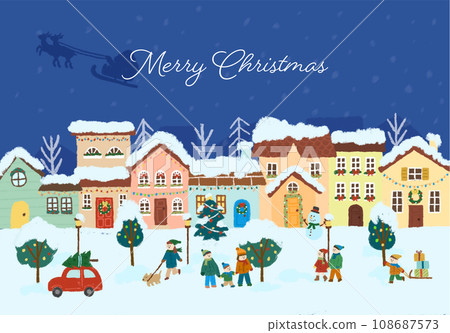 聖誕夜白雪皚皚的城市景觀插圖 108687573