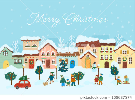 Illustration of a cityscape with snow falling at Christmas Illustration of a cityscape with snow falling at Christmas 108687574