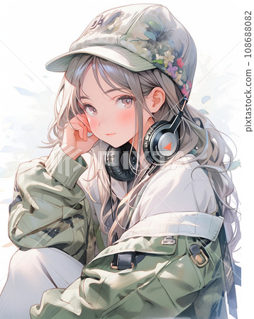 Girl in military jacket wearing headphones 108688082