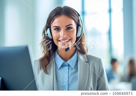 call-center operators with a small modern wireless headsets works with a desktop in an office, Generative AI 108688971