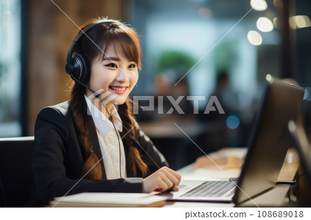 call-center operators with a small modern wireless headsets works with a desktop 108689018