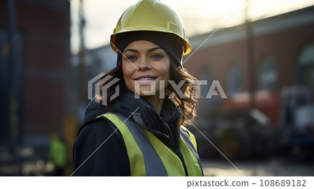 portrait of smiling female engineer on site wearing hard hat, high vis vest, and ppe 108689182