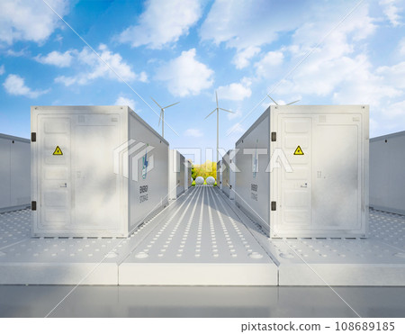 Energy storage systems or battery container units with turbine farm 108689185