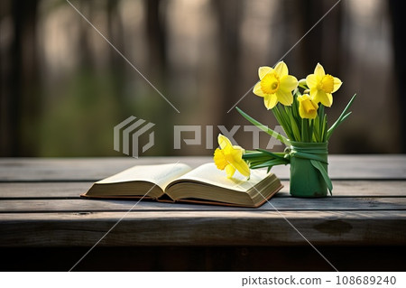 Close-up green book and a vibrant yellow daffodil on a rustic wooden table Generative AI 108689240