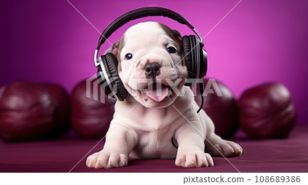 Happy puppy in headphones on a purple background. AI generation Happy puppy in headphones on a purple background. AI generation 108689386