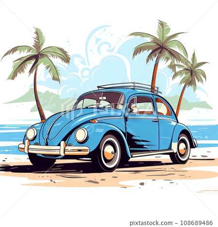 Retro flat color car by the beach, white background illustration 108689486
