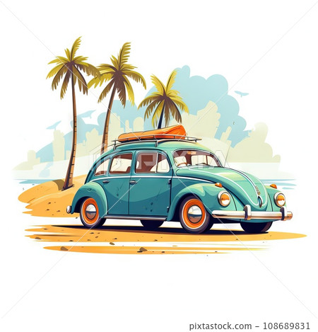 Retro flat color car by the beach, white background illustration 108689831