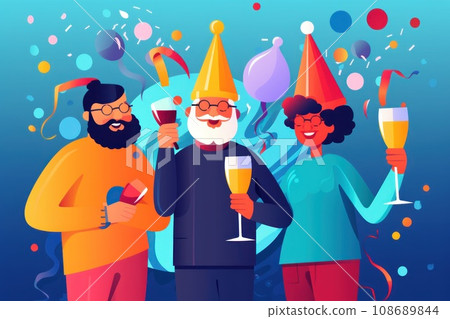 a diverse people wearing colorful party hats Celebrate new year party, illustration 108689844