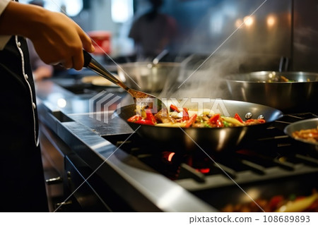 Close up of a professional chef preparing a delicious gourmet dish in a modern kitchen 108689893