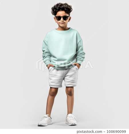 Indian model kid wearing mint colour sweatshirt and cotton shorts with sunglasses Indian model kid wearing mint colour sweatshirt and cotton shorts with sunglasses 108690099