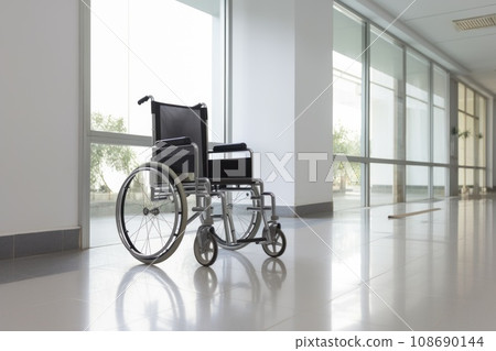 Wheelchair in the hospital with light copy space on left area Wheelchair in the hospital with light copy space on left area 108690144