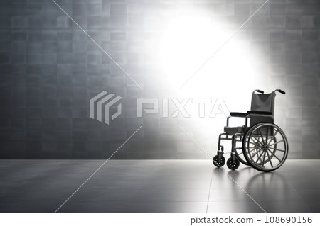 Wheelchair in the hospital with light copy space on left area 108690156