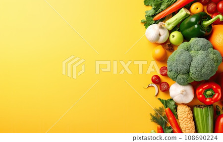 Fresh vegetables on yellow background. AI Generative Fresh vegetables on yellow background. AI Generative 108690224