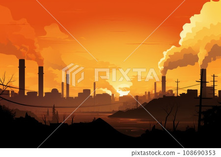 illustrations silhouette factory emit smoke Gradient orange back ground. Generative AI 108690353