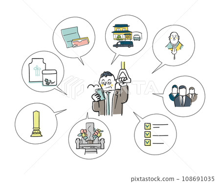 Set of illustrations of middle-aged and elderly men researching funerals and departures on their smartphones in their spare time. 108691035